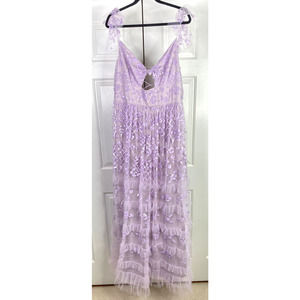 Mac Duggal #9288‎ Lilac, Size 14W, Flutter Sleeve Ruffle Tiered Sequin Dress